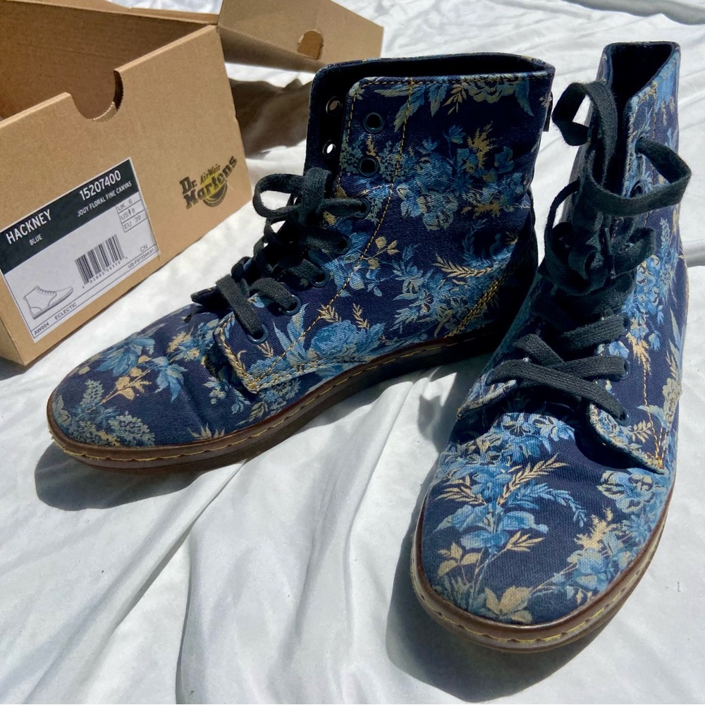 Dr. Martens Hackney Blue Floral Print Combat Canvas Shoes